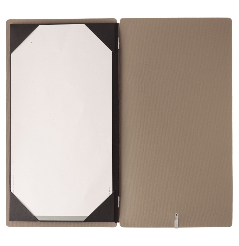 Porta Menu A4 SLIM (17,4x31,8 cm) etichetta METAL "menu" cornicetta (4 facciate) elastico rosso JUTA CAMMELLO