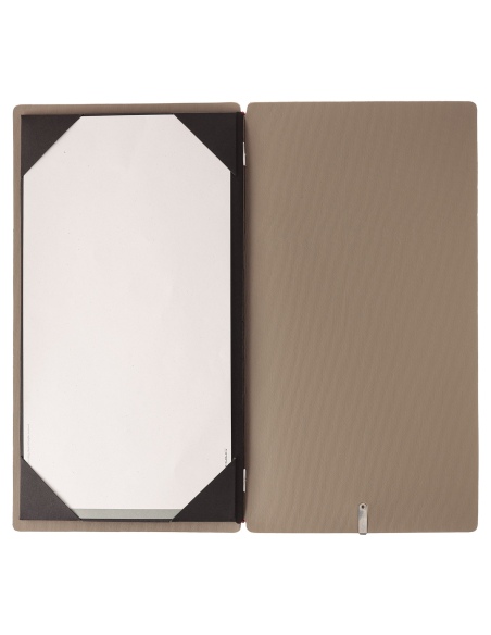 Porta Menu A4 SLIM (17,4x31,8 cm) etichetta METAL "menu" cornicetta (4 facciate) elastico rosso JUTA CAMMELLO