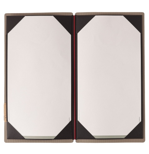 Porta Menu A4 SLIM (17,4x31,8 cm) etichetta PATCH "personalizzata" (minimo 18 pezzi) cornicetta (4 facciate) elastico rosso JUTA