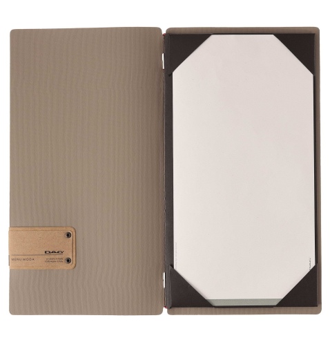 Porta Menu A4 SLIM (17,4x31,8 cm) etichetta PATCH "menu" cornicetta (4 facciate) elastico rosso JUTA CAMMELLO