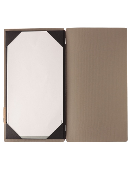Porta Menu A4 SLIM (17,4x31,8 cm) etichetta PATCH "menu" cornicetta (4 facciate) elastico rosso JUTA CAMMELLO