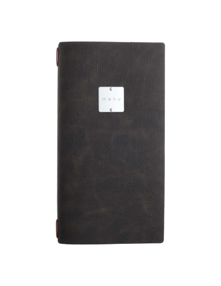 Porta Menu A4 SLIM (17,4x31,8 cm) etichetta METAL "menu" cornicetta (4 facciate) elastico rosso JUTA MARRONE