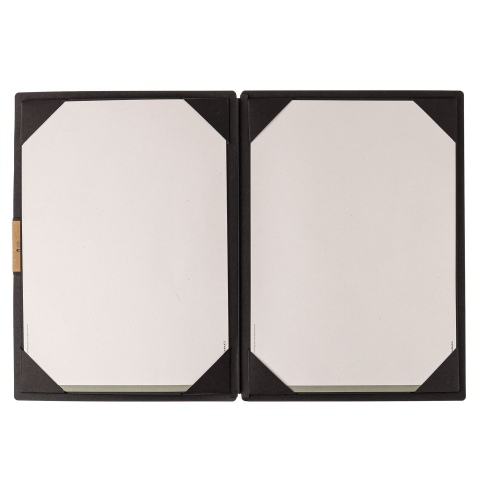 Porta Menu A4 (23,2x31,8 cm) etichetta PATCH "personalizzata" (minimo 18 pezzi) cornicetta (4 facciate) elastico nero ECOMENU NE