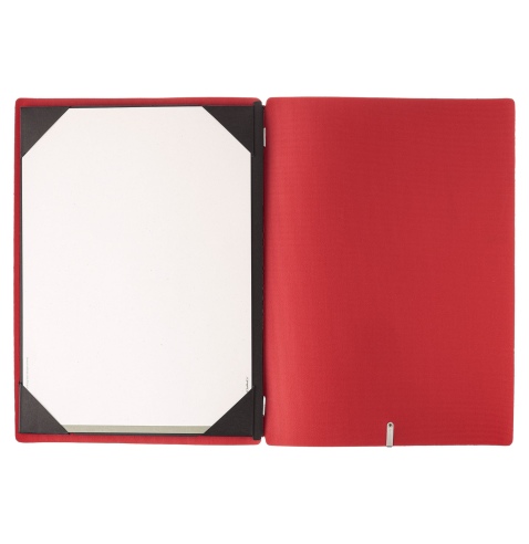 Porta Menu A4 (23,2x31,8 cm) etichetta METAL "menu" cornicetta (4 facciate) elastico rosso JUTA BICOLOR
