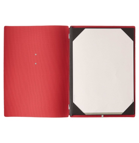 Porta Menu A4 (23,2x31,8 cm) etichetta METAL "personalizzata" (minimo 18 pezzi) cornicetta (4 facciate) elastico rosso JUTA BICO