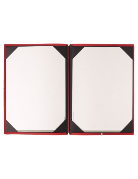Porta Menu A4 (23,2x31,8 cm) etichetta METAL "personalizzata" (minimo 18 pezzi) cornicetta (4 facciate) elastico rosso JUTA BICO
