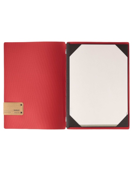 Porta Menu A4 (23,2x31,8 cm) etichetta PATCH "personalizzata" (minimo 18 pezzi) cornicetta (4 facciate) elastico rosso JUTA BICO