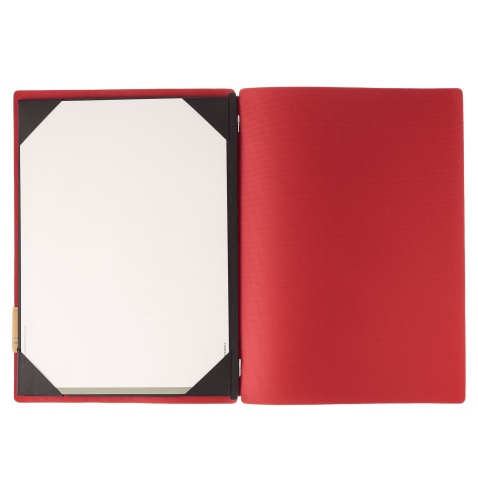 Porta Menu A4 (23,2x31,8 cm) etichetta PATCH "personalizzata" (minimo 18 pezzi) cornicetta (4 facciate) elastico rosso JUTA BICO