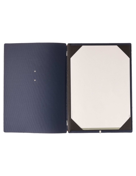Porta Menu A4 (23,2x31,8 cm) etichetta METAL "menu" cornicetta (4 facciate) elastico rosso JUTA BLU