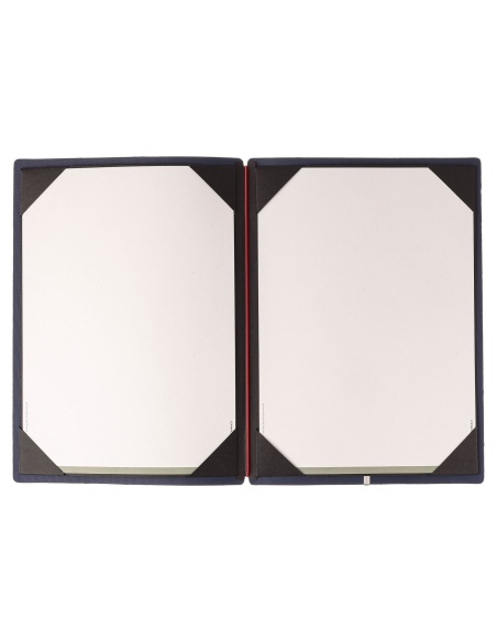 Porta Menu A4 (23,2x31,8 cm) etichetta METAL "menu" cornicetta (4 facciate) elastico rosso JUTA BLU