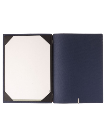 Porta Menu A4 (23,2x31,8 cm) etichetta METAL "personalizzata" (minimo 18 pezzi) cornicetta (4 facciate) elastico rosso JUTA BLU