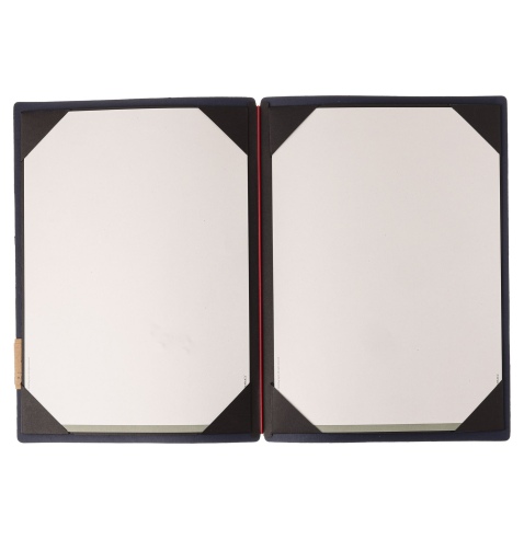 Porta Menu A4 (23,2x31,8 cm) etichetta PATCH "personalizzata" (minimo 18 pezzi) cornicetta (4 facciate) elastico rosso JUTA BLU