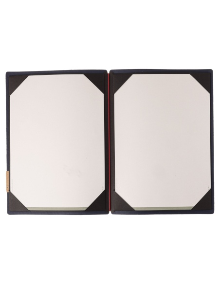 Porta Menu A4 (23,2x31,8 cm) etichetta PATCH "personalizzata" (minimo 18 pezzi) cornicetta (4 facciate) elastico rosso JUTA BLU