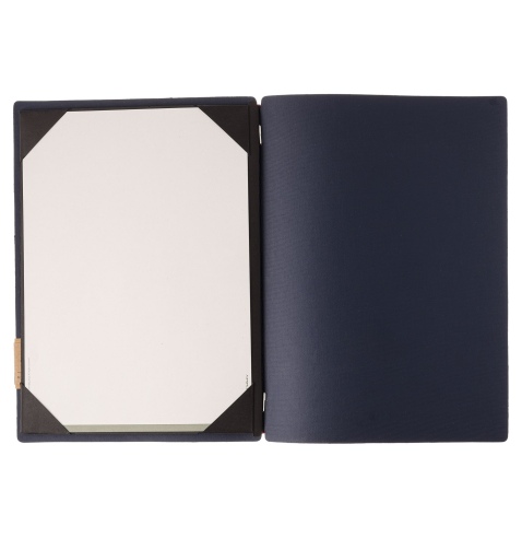 Porta Menu A4 (23,2x31,8 cm) etichetta PATCH "menu" cornicetta (4 facciate) elastico rosso JUTA BLU