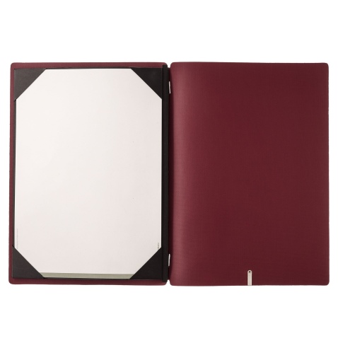 Porta Menu A4 (23,2x31,8 cm) etichetta METAL "menu" cornicetta (4 facciate) elastico rosso JUTA BORDEAUX