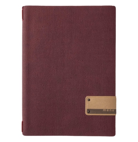 Porta Menu A4 (23,2x31,8 cm) etichetta PATCH "personalizzata" (minimo 18 pezzi) cornicetta (4 facciate) elastico rosso JUTA BORD