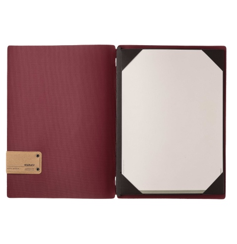 Porta Menu A4 (23,2x31,8 cm) etichetta PATCH "personalizzata" (minimo 18 pezzi) cornicetta (4 facciate) elastico rosso JUTA BORD