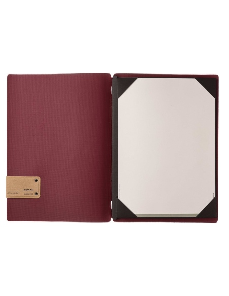 Porta Menu A4 (23,2x31,8 cm) etichetta PATCH "personalizzata" (minimo 18 pezzi) cornicetta (4 facciate) elastico rosso JUTA BORD