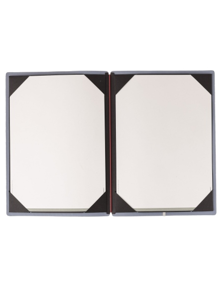 Porta Menu A4 (23,2x31,8 cm) etichetta METAL "personalizzata" (minimo 18 pezzi) cornicetta (4 facciate) elastico rosso JUTA AVIO