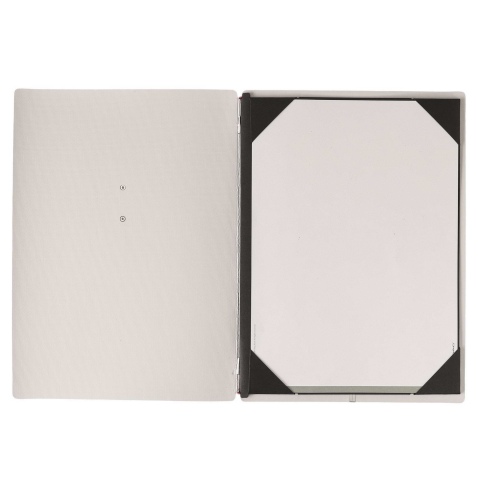 Porta Menu A4 (23,2x31,8 cm) etichetta METAL "menu" cornicetta (4 facciate) elastico rosso JUTA AVORIO