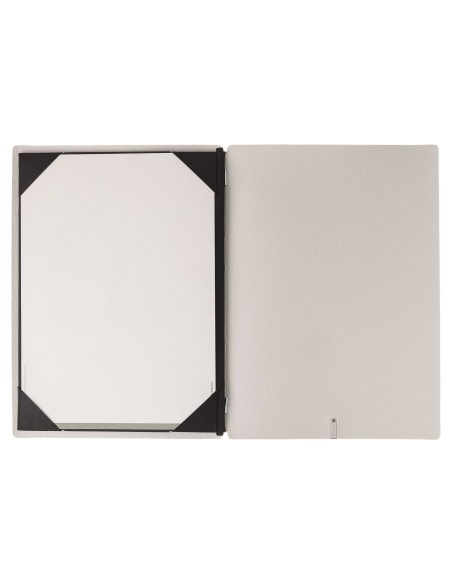 Porta Menu A4 (23,2x31,8 cm) etichetta METAL "menu" cornicetta (4 facciate) elastico rosso JUTA AVORIO