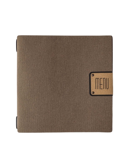 Porta Menu QUADRATO (23x23,1 cm) etichetta PATCH "menu" cornicetta (4 facciate) elastico nero ECOMENU MARRONE sp. 0.6