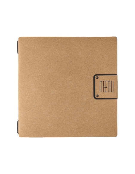 Porta Menu QUADRATO (23x23,1 cm) etichetta PATCH "personalizzata" (minimo 18 pezzi) cornicetta (4 facciate) elastico nero ECOMEN