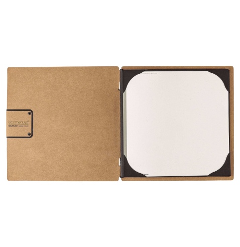 Porta Menu QUADRATO (23x23,1 cm) etichetta PATCH "menu" cornicetta (4 facciate) elastico nero ECOMENU NATURALE sp. 0.6