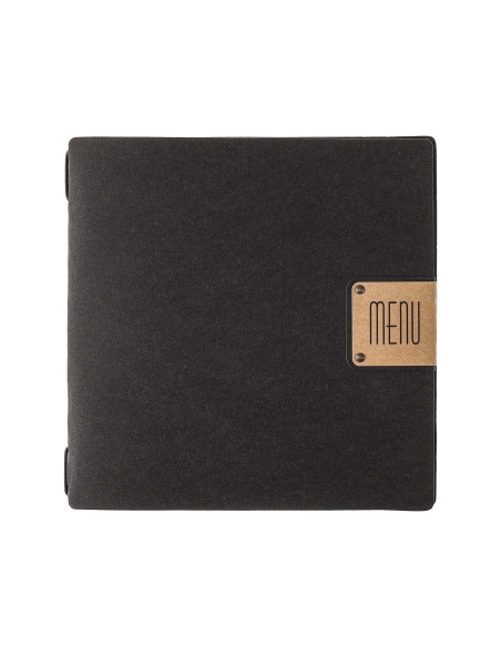 Porta Menu QUADRATO (23x23,1 cm) etichetta PATCH "personalizzata" (minimo 18 pezzi) cornicetta (4 facciate) elastico nero ECOMEN