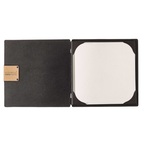 Porta Menu QUADRATO (23x23,1 cm) etichetta PATCH "menu" cornicetta (4 facciate) elastico nero ECOMENU NERO sp. 0.6