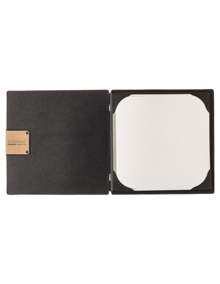 Porta Menu QUADRATO (23x23,1 cm) etichetta PATCH "menu" cornicetta (4 facciate) elastico nero ECOMENU NERO sp. 0.6