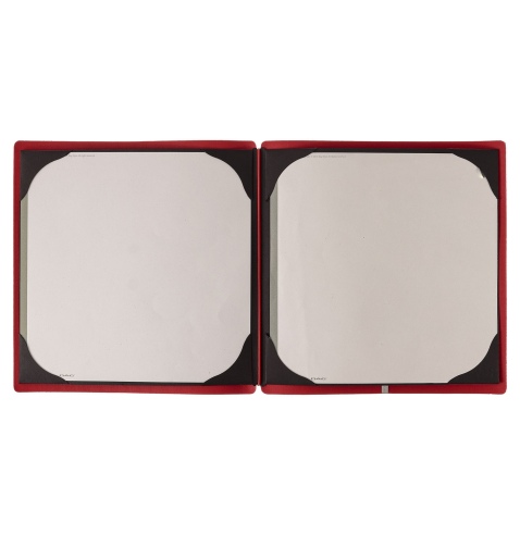 Porta Menu QUADRATO (23x23,1 cm) etichetta METAL "menu" cornicetta (4 facciate) elastico rosso JUTA BICOLOR