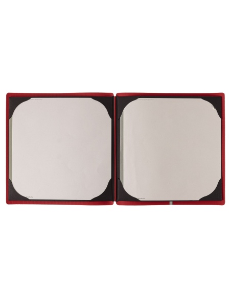 Porta Menu QUADRATO (23x23,1 cm) etichetta METAL "menu" cornicetta (4 facciate) elastico rosso JUTA BICOLOR