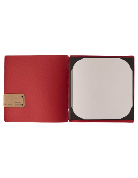 Porta Menu QUADRATO (23x23,1 cm) etichetta PATCH "personalizzata" (minimo 18 pezzi) cornicetta (4 facciate) elastico rosso JUTA 