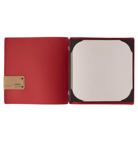 Porta Menu QUADRATO (23x23,1 cm) etichetta PATCH "menu" cornicetta (4 facciate) elastico rosso JUTA BICOLOR