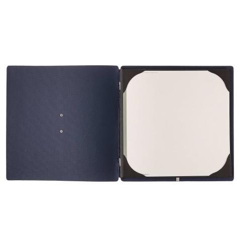 Porta Menu QUADRATO (23x23,1 cm) etichetta METAL "menu" cornicetta (4 facciate) elastico rosso JUTA BLU