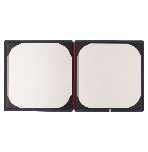 Porta Menu QUADRATO (23x23,1 cm) etichetta METAL "menu" cornicetta (4 facciate) elastico rosso JUTA BLU