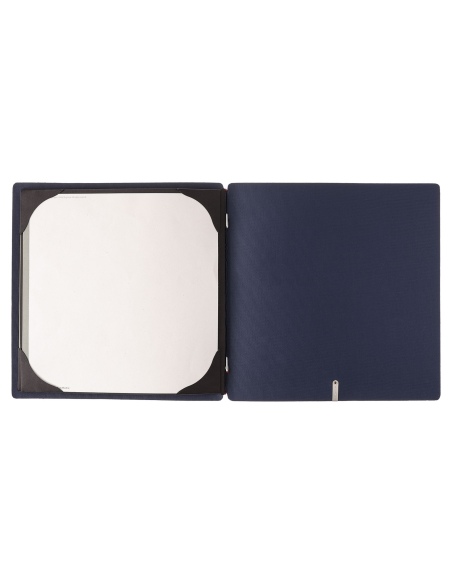 Porta Menu QUADRATO (23x23,1 cm) etichetta METAL "menu" cornicetta (4 facciate) elastico rosso JUTA BLU