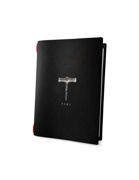 Porta Menu CUSTOM A5 (16,5x23,1 cm) "BACCO BLACK vini" cornicetta (4 facciate) elastico rosso ECO NERO sp. 0.6