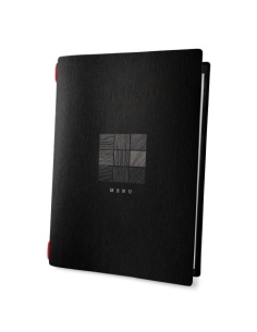 Porta Menu CUSTOM A4 (23,2x31,8 cm) "SIGN BLACK menu" cornicetta (4 facciate) elastico rosso ECO NERO sp. 0.6