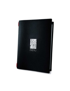 Porta Menu CUSTOM A5 (16,5x23,1 cm) "ICON" cornicetta (4 facciate) elastico rosso ECO NERO sp. 0.6