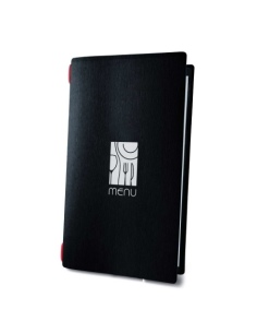 Porta Menu CUSTOM A4 SLIM (17,4x31,8 cm) "ICON" cornicetta (4 facciate) elastico rosso ECO NERO sp. 0.6
