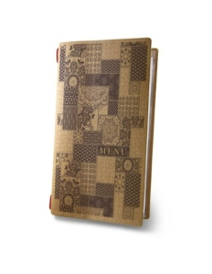 Porta Menu CUSTOM A4 SLIM (17,4x31,8 cm) "PATCHWORK menu" cornicetta (4 facciate) elastico rosso ECO NATURALE sp. 0.6