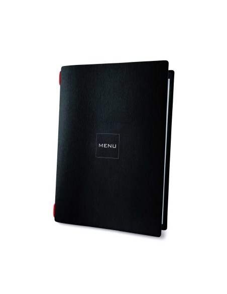 Porta Menu CUSTOM A5 (16,5x23,1 cm) "MINIMAL BLACK" cornicetta (4 facciate) elastico rosso ECO NERO sp. 0.6