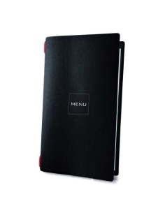 Porta Menu CUSTOM A4 SLIM (17,4x31,8 cm) "MINIMAL BLACK" cornicetta (4 facciate) elastico rosso ECO NERO sp. 0.6