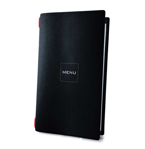 Porta Menu CUSTOM A4 SLIM (17,4x31,8 cm) "MINIMAL BLACK" cornicetta (4 facciate) elastico rosso ECO NERO sp. 0.6