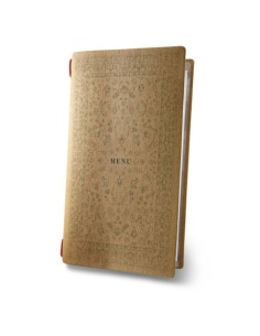 Porta Menu CUSTOM A4 SLIM (17,4x31,8 cm) "PERSIA menu" cornicetta (4 facciate) elastico rosso ECO NATURALE sp. 0.6