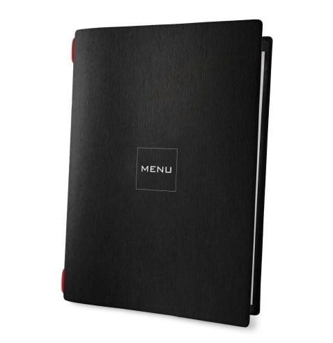 Porta Menu CUSTOM A4 (23,2x31,8 cm) "MINIMAL BLACK" cornicetta (4 facciate) elastico rosso ECO NERO sp. 0.6