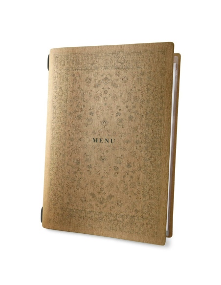 Porta Menu CUSTOM A4 (23,2x31,8 cm) "PERSIA menu" cornicetta (4 facciate) elastico rosso ECO NATURALE sp. 0.6