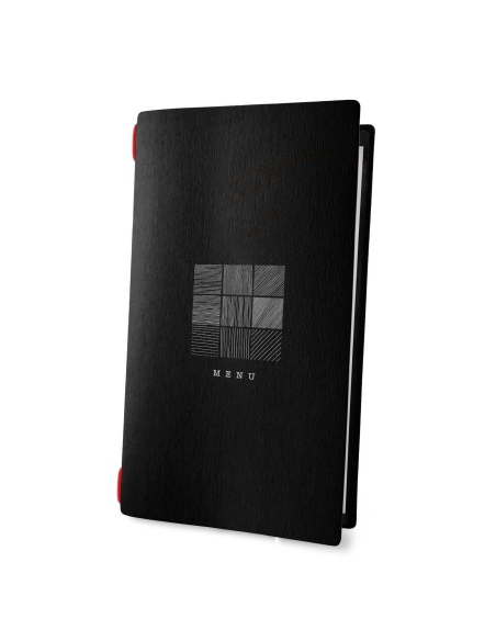 Porta Menu CUSTOM A4 SLIM (17,4x31,8 cm) "SIGN BLACK menu" solo elastico rosso ECO NERO sp. 0.6